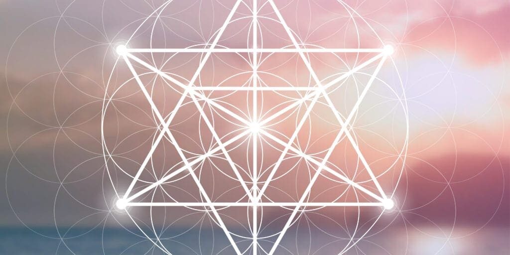 Merkaba sacred geometry spiritual new age futuristic illustration with interlocking circles, triangles and glowing particles in front of colorful blurry natural photographic background