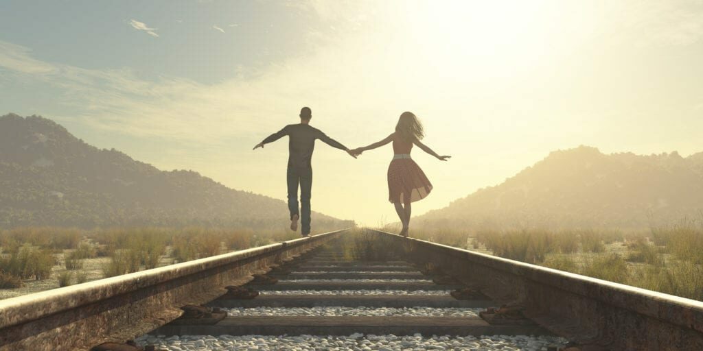 The young couple walking on a railway track.  This is a 3d render illustration