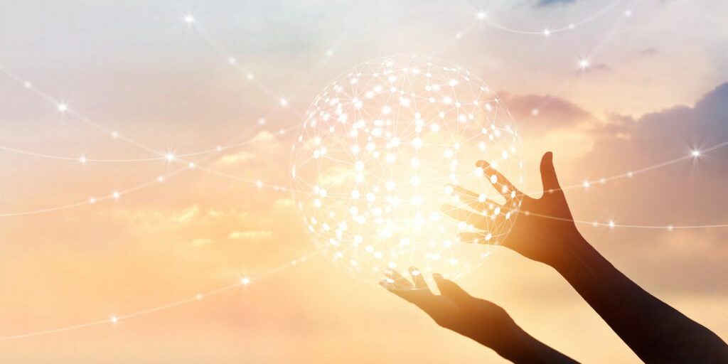Abstract science, circle global network connection in hands on sunset background Abstract science, circle global network connection in hands on sunset background